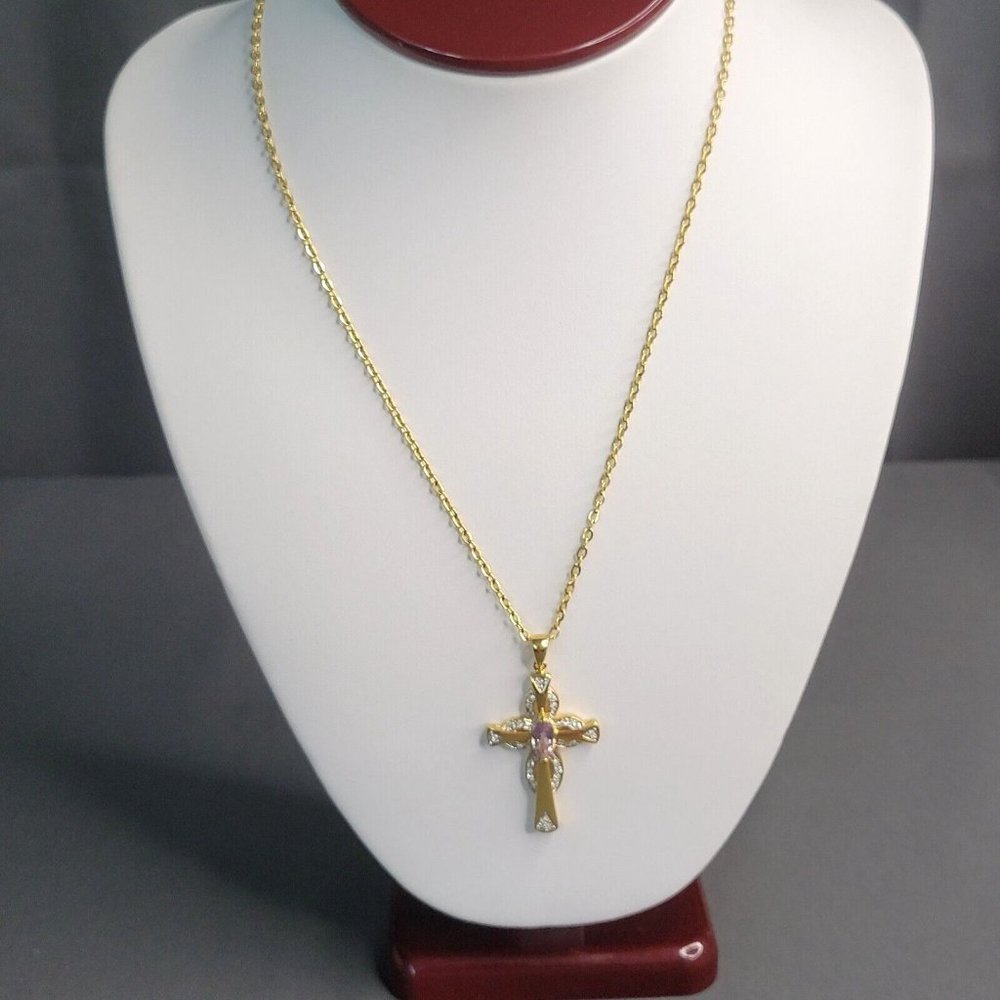 Gold Tone Metal Purple Marquis and Pave Crystals Cross Pendant Necklace 18 in - Picture 2 of 8